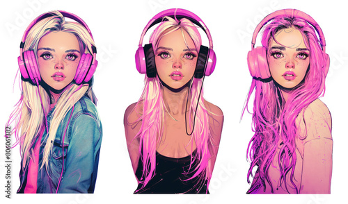 Set of fashion character anime girl. Stylish urban, dj outfit on png background.