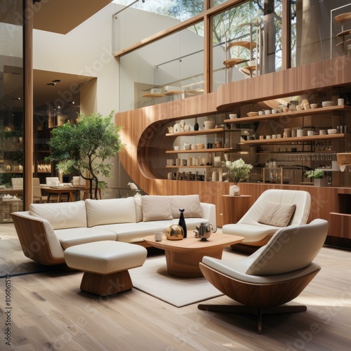 Modern living room interior design with curved wooden shelving unit and large windows