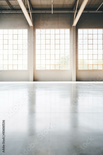 Empty warehouse with large windows