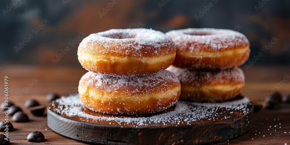 Three donuts on a wooden board Three donuts on a wooden board