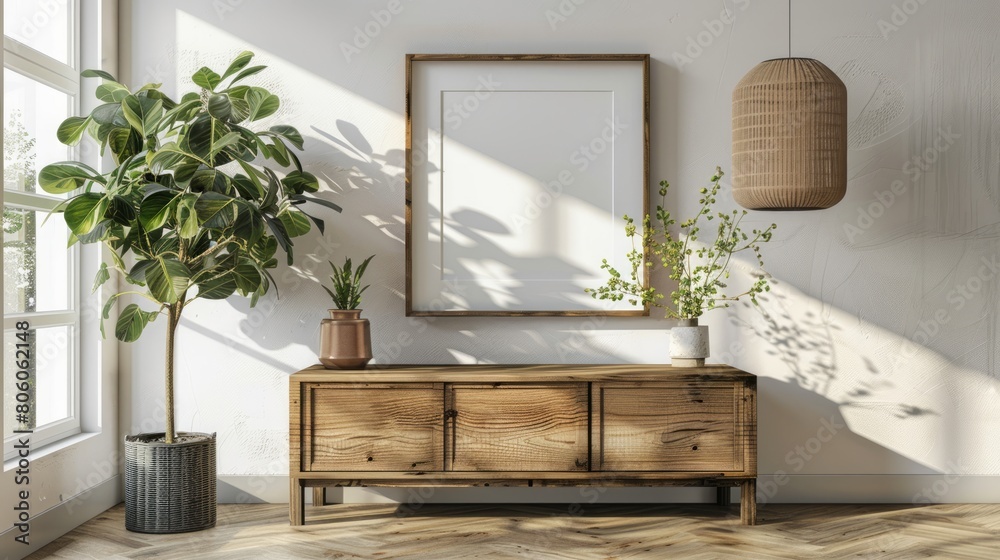 Horizontal picture frame mockup on empty wooden cabinet. Horizontal picture frame mockup on empty wooden cabinet.
