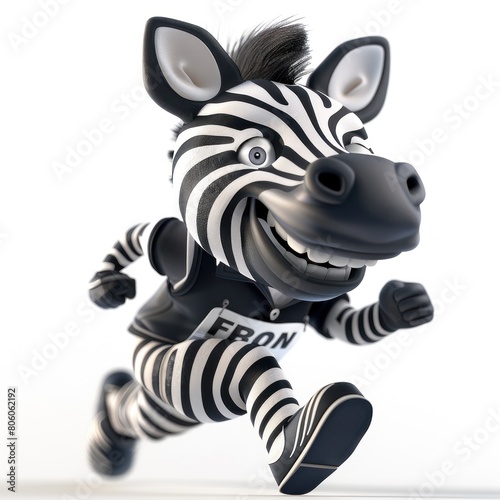 A cartoon zebra is running with the word  FRON  on its back