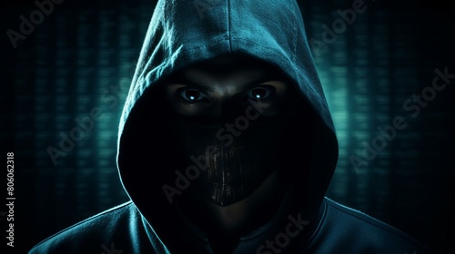 A dark figure wearing a hoodie and a mask photo