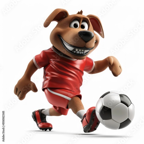 A cartoon dog is kicking a soccer ball