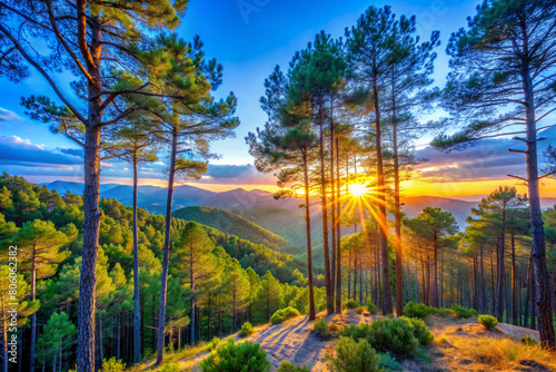 Sunrise streams onto the tall pines of the forest near Solsona, in Northern Catalonia, Spain near the Pyrenees mountains. photo