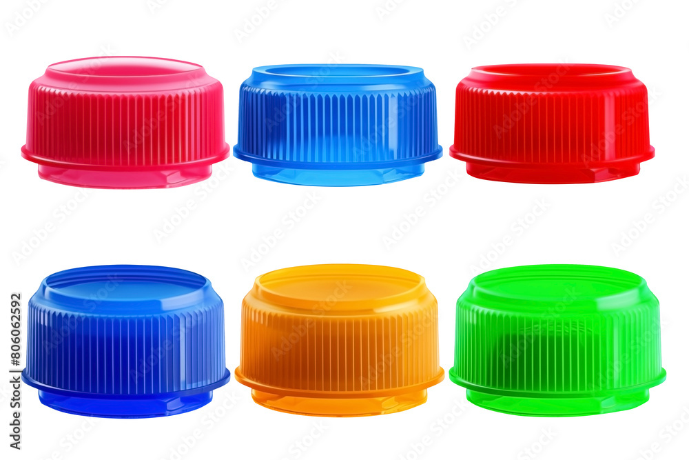 Set of colored plastic Bottle Caps PNG Seal Screw cap isolated on Transparent and white background - Recycling industry bottles Packaging concept Set of colored plastic Bottle Caps PNG Seal Screw cap isolated on Transparent and white background - Recycling industry bottles Packaging concept