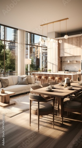 Airy Open Concept Living Dining Room With Modern Furnishings