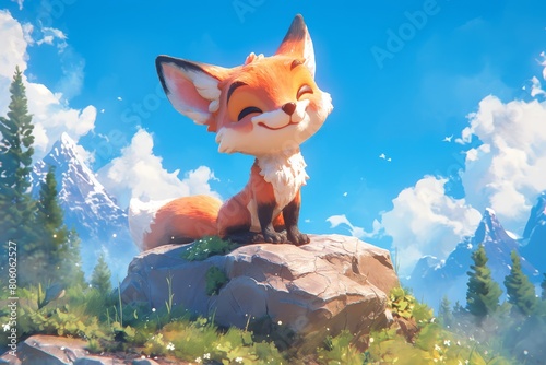 A cute little fox sitting on a rock in a forest photo