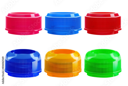 Set of colored plastic Bottle Caps PNG Seal Screw cap isolated on Transparent and white background - Recycling industry bottles Packaging concept