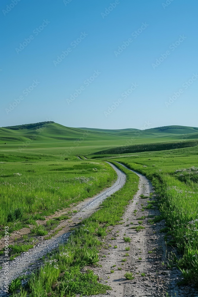 Dirt road through a lush green grassy hill