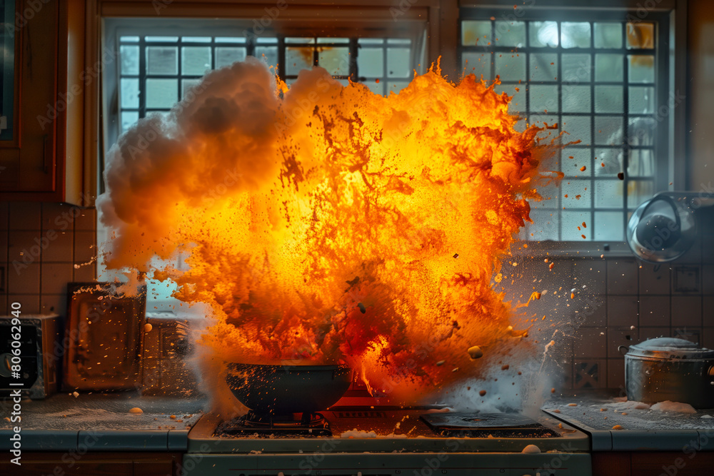 Explosion of oil in a pan when cooking food on the stove, ignition flash foam hot burn Explosion of oil in a pan when cooking food on the stove, ignition flash foam hot burn