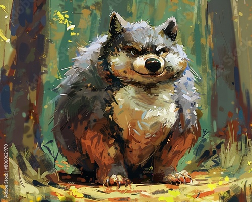 Digital painting of a comically plump wolf, depicted in vivid colors, emphasizing a playful, fat animal concept photo