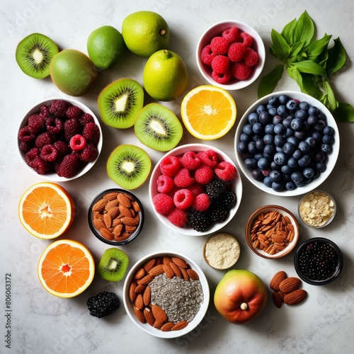 A variety of fruits and vegetables are arranged on a marble table.