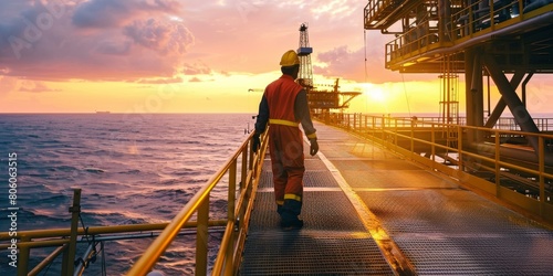 Oil and gas worker walking on an offshore platform at sunset photo