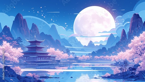 A flat illustration of the moon, clouds and mountains in Chinese landscape painting, depicting ancient architecture, pavilions and towers behind it