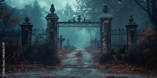 path leading through a cemetery with a large gate at the end of the path photo