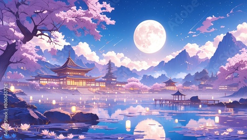 A flat illustration of the moon, clouds and mountains in Chinese landscape painting, depicting ancient architecture, pavilions and towers behind it