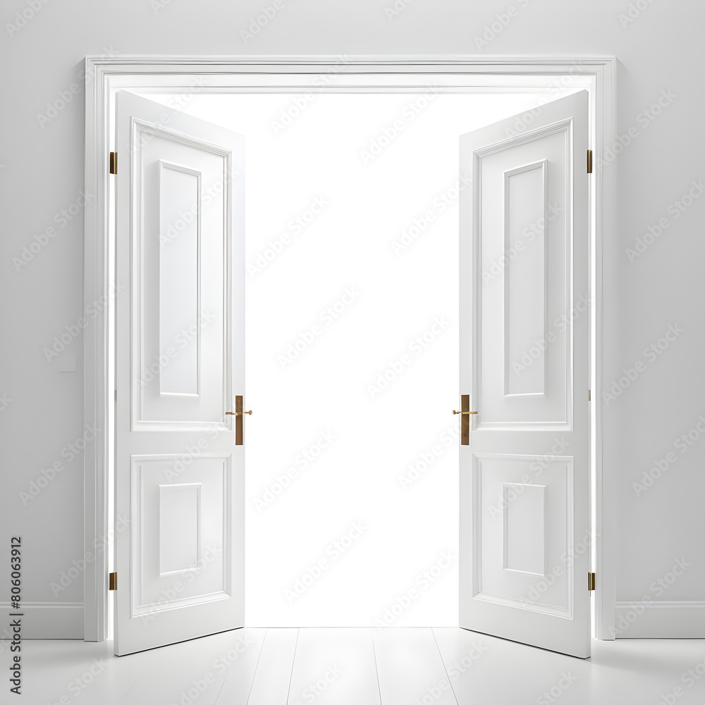 White double doors swinging open against seamless transparent background, highlighting contrast in shadows and light.