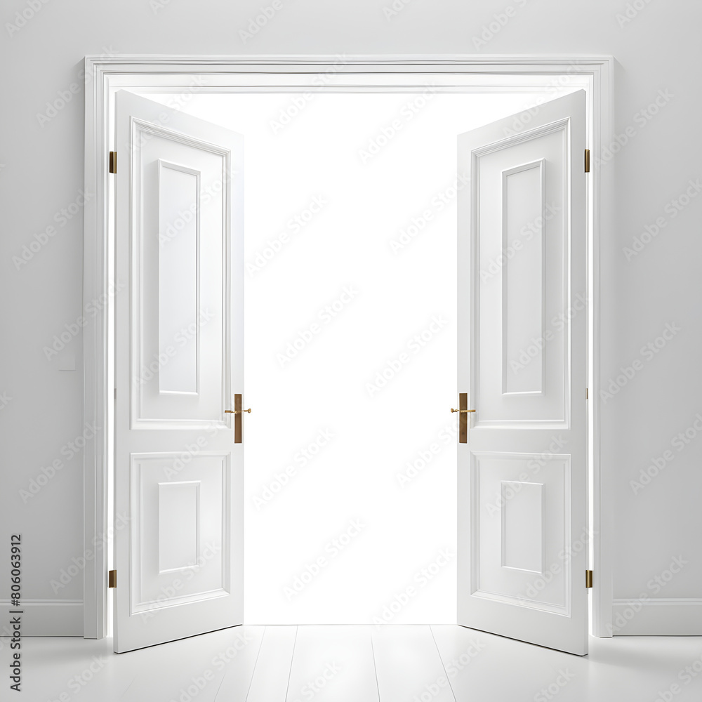 White double doors swinging open against seamless transparent background, highlighting contrast in shadows and light. White double doors swinging open against seamless transparent background, highlighting contrast in shadows and light.