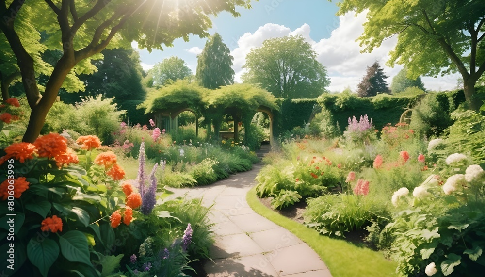 Obraz premium Happy summer season background with having garden full of flowers summer trees butterflies clouds sky and bright sun behind a beautifil view