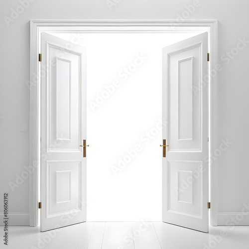 White double doors swinging open against seamless transparent background  highlighting contrast in shadows and light.