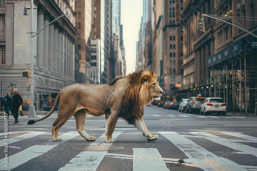 A lion is crossing a crosswalk in the city center of New York