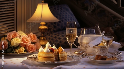 Elegant hotel room service with champagne, cake, and roses