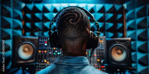 Black man wearing headphones in a recording studio photo