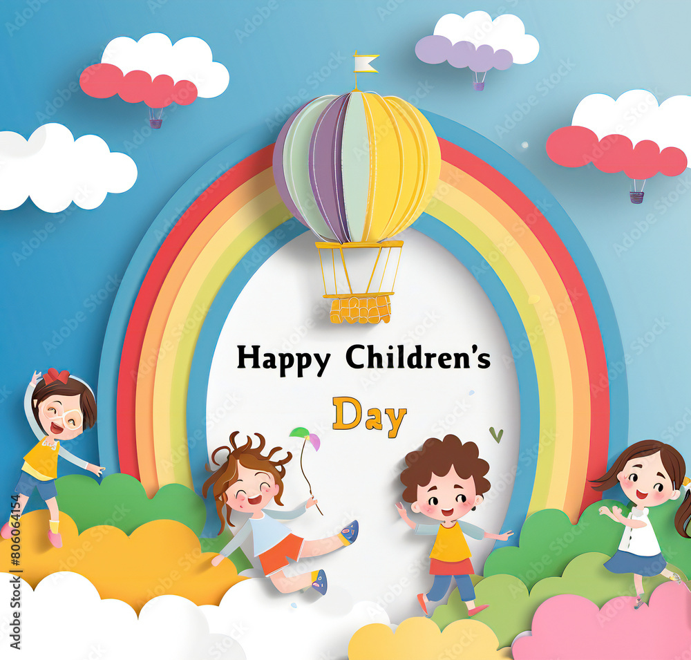 Obraz premium Global Celebration of Children's Day. Illustration Featuring Happy Children Enjoying Fun and Togetherness, Promoting Education and Friendship in a Colourful and Joyful Event
