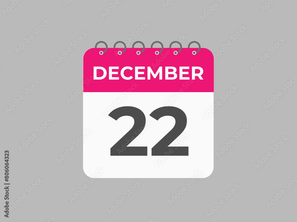 December 22 calendar reminder. 22 December daily calendar icon template. Calendar 22 December icon Design template. Vector illustration
