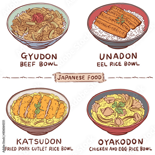 日本食のイラスト素材　手描き　セット