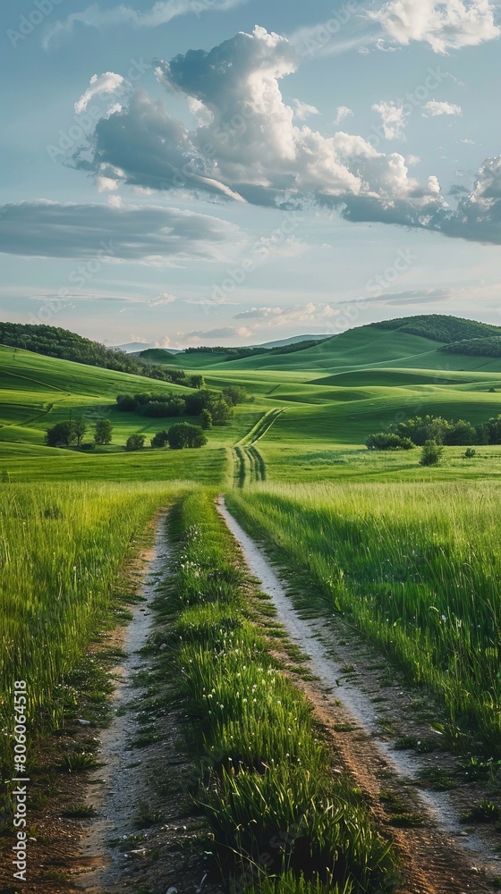 Countryside dirt road through rolling green hills