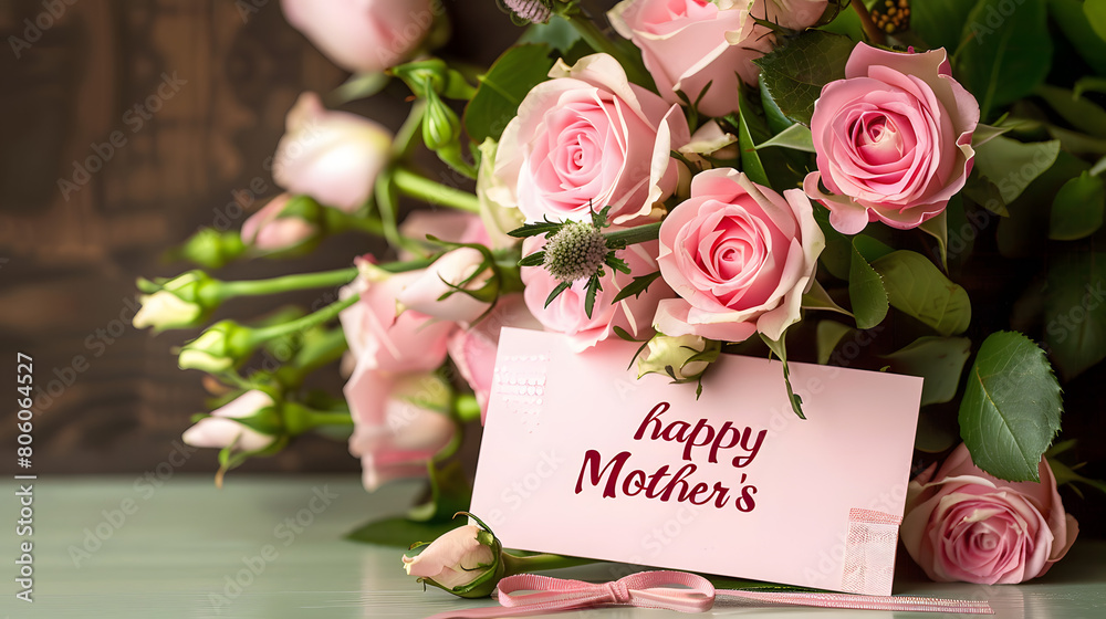 bouquet of pink roses and Mother's Day card