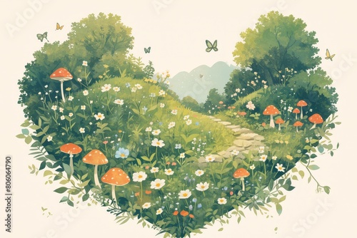 A heart-shaped forest with mushrooms, plants and butterflie photo