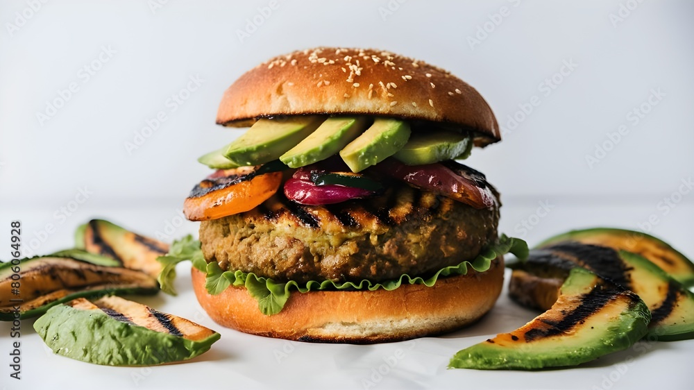 A veggie burger packed with grilled veggies and avocado slices, set against a white backdrop.
A veggie burger packed with grilled veggies and avocado slices, set against a white backdrop.