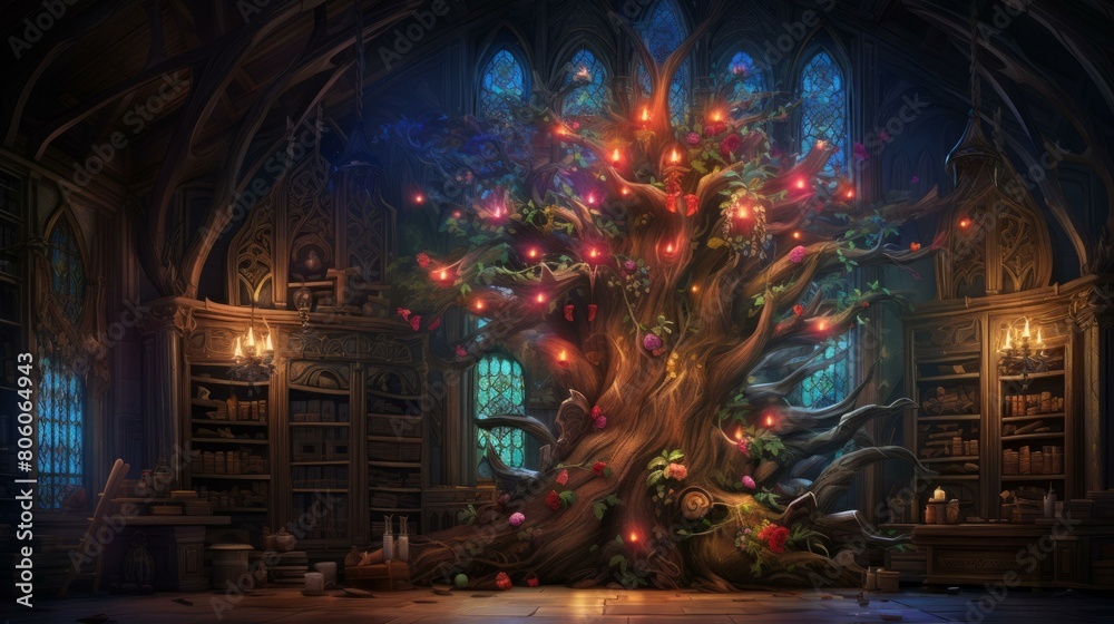 fantasy tree of knowledge in a magic library