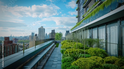 A serene view of a green rooftop garden on a hotel, overlooking a cityscape, demonstrating urban sustainability. photo