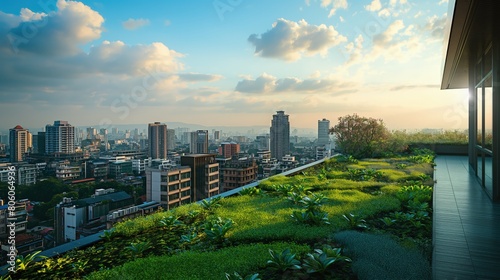 A serene view of a green rooftop garden on a hotel, overlooking a cityscape, demonstrating urban sustainability.