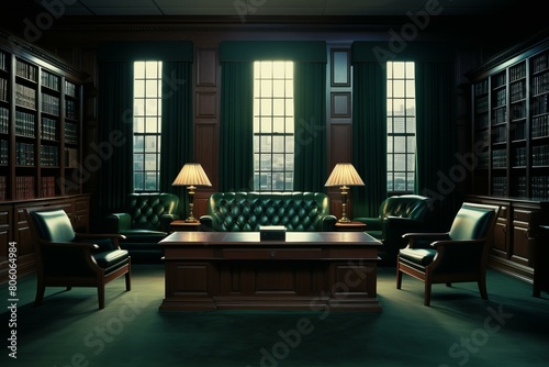 Lawyers office interior with green leather furniture and wooden desk photo