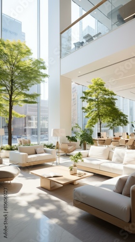 Modern office interior with large windows  trees  and comfortable furniture