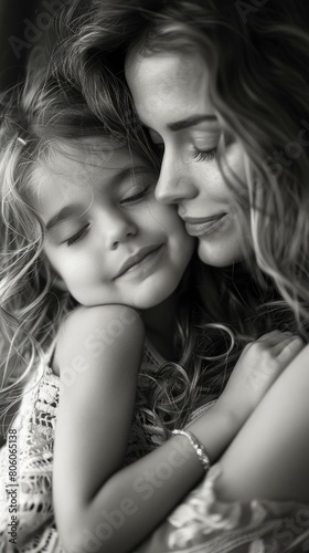 Black and white portrait of a mother and her daughter