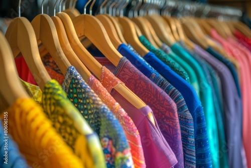Clothes are arranged by color on hangers in a clothing store.