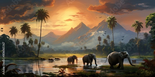 A herd of elephants are crossing a river photo