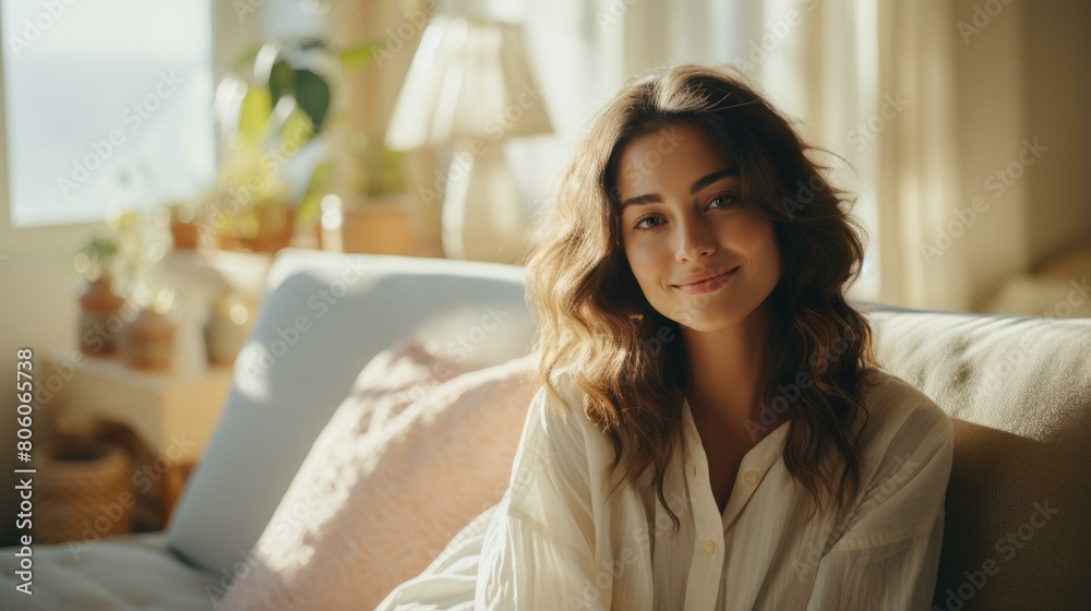 Portrait of a young woman with long brown hair smiling at the camera Portrait of a young woman with long brown hair smiling at the camera