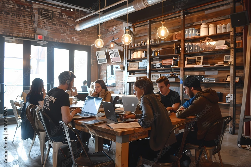 A group of young professionals working on laptops in an industrial coffee shop, brick walls and wood tables with metal chairs. Ai generated A group of young professionals working on laptops in an industrial coffee shop, brick walls and wood tables with metal chairs. Ai generated
