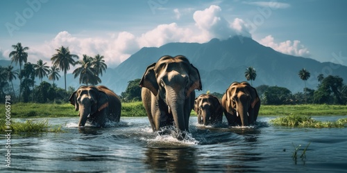 Majestic Migration: Herd of Elephants Crosses River in Serene Harmony photo