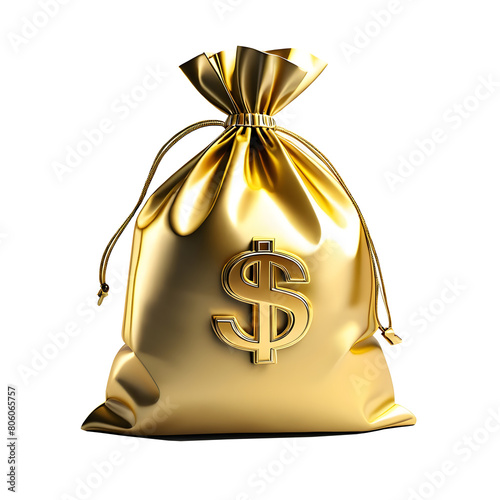 3D money bag with gold dollar sign symbolizing business saving, finance, investment, banking, and financial services on transparent background.