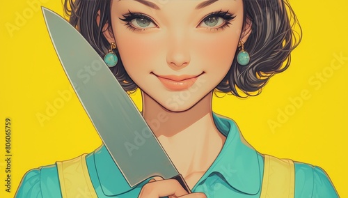 A retrostyle illustration of an attractive woman with dark brown hair, wearing a yellow and teal apron holding a kitchen knife smiling  photo