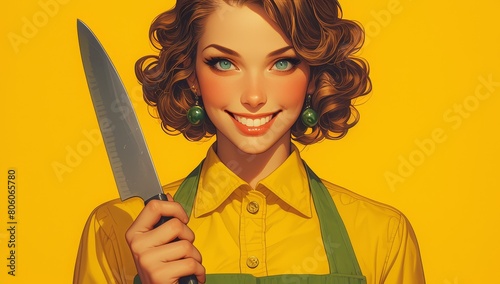 A retrostyle poster of an attractive housewife holding a knife, smiling photo