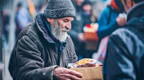 Elderly Homeless Man Holding a Box of Food on City Street